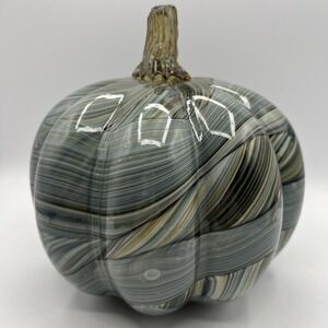 LARGE HAND BLOWN  Glass Art PUMPKIN Blue GREEN Amber SWIRLS